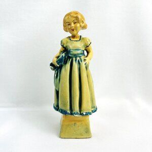 Carnival Chalkware Antique Girl Figurine Green Blue Dress Art Deco 1920s 6”
